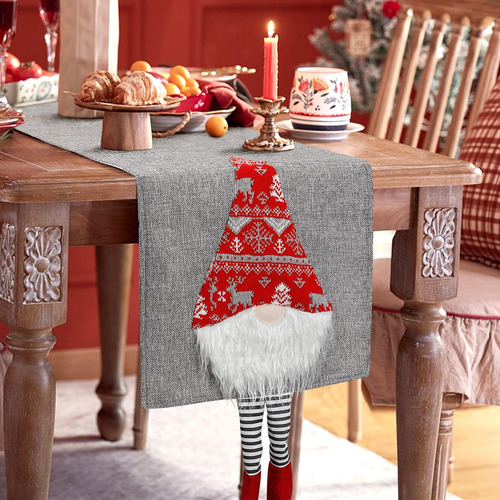 Camino Mesa Navidad Gris Papa Noel Gnomo 3d Decoracion Lino