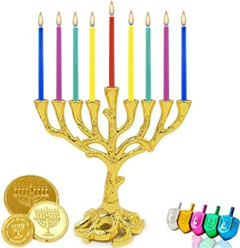 Imagen 2 de 3 de Hanukkah Menorah Tree Of Life, Gold Finish For Chanukah, Fit
