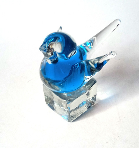 Figura Cristal Murano Vintage Pàjaro Azul Base Cubo Transp