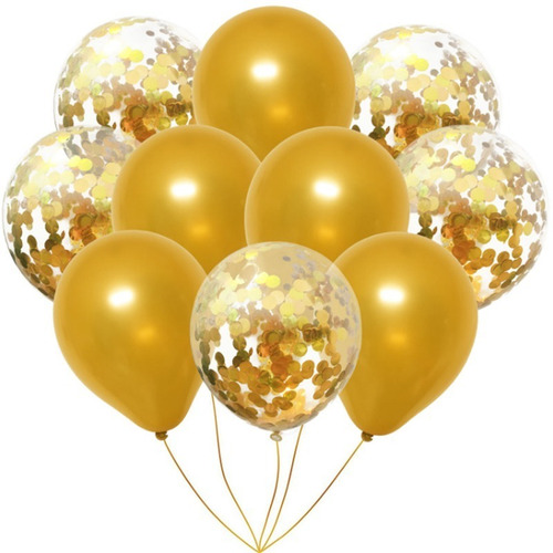 Set 10 Globos Transparente Confeti Dorado Gold + Perlado Oro