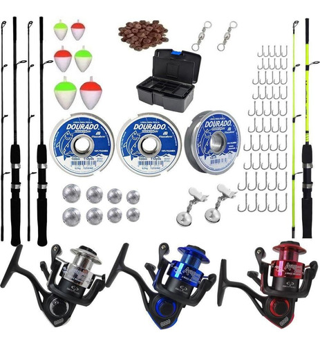 Kit Pesca Molinete 3 Rolamento Vara 1,20m Maleta Acessórios