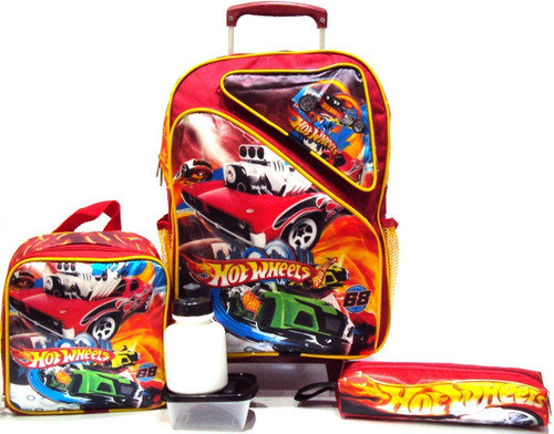 Kit Mochila Hot Wheels Carros 3 Bolsos Rodinha G + Lancheira