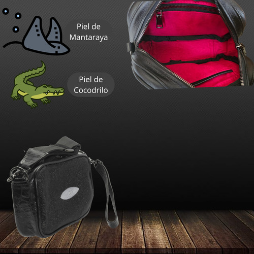 Bandolera Piel Genuina Mantarraya Exotica Cocodrilo Negro