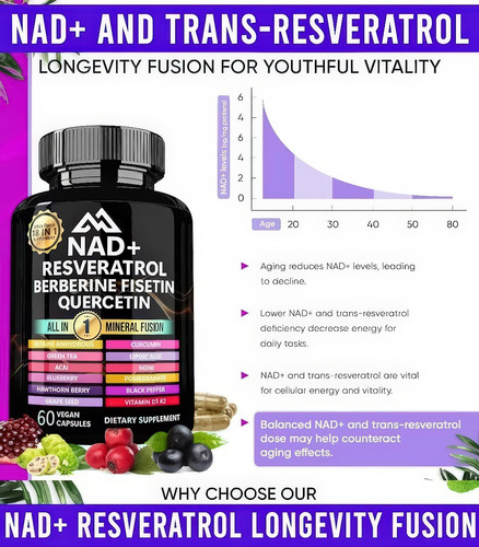 Nad+ Resveratrol Berberina Fisetin Quercetin 60 Cápsulas