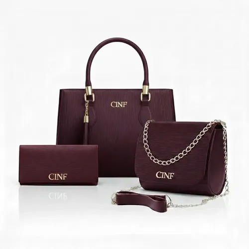 Kit Bolsas Feminina Transversal Média + Tira Colo + Carteira Cor Bordô Liso Ouro