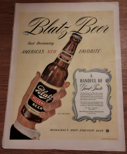 1944 Publicidad De Cerveza Blatz Beer Vintage Usa Milwaukee