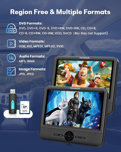 Reproductor De Dvd Portátil Dual De 19cm Para Coche