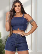 Comprar Conjunto Jeans Feminino Short Top Cropped Lycra Moda Premium