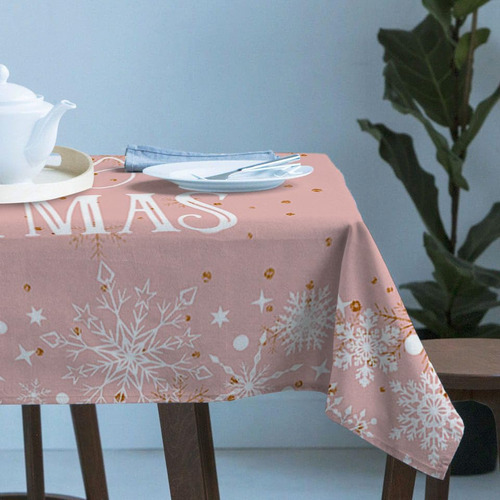 Mantel Rectangular Navideño Snowflake Rosa Impermeable 137x2