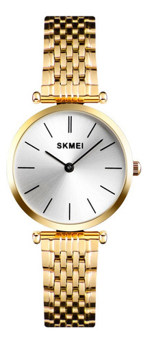 Relógio de pulso analógico Skmei Digital 1458 para mulheres com pulseira de aço dourada e fivela de gancho