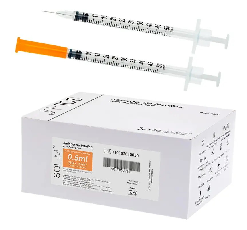 Seringa Insulina C Agulha Fixa 0,5ml 0,25mm X 6mm 31g 100un