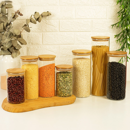 Potes De Vidro P/ Mantimentos C/ Tampa Bambu Oikos – 7 Pçs
