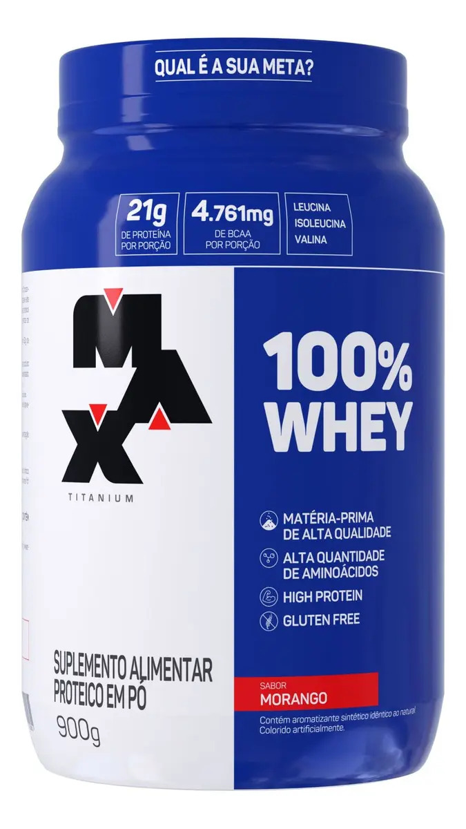Whey 100% Concentrado - 900g - Max Titanium Sabor Morango