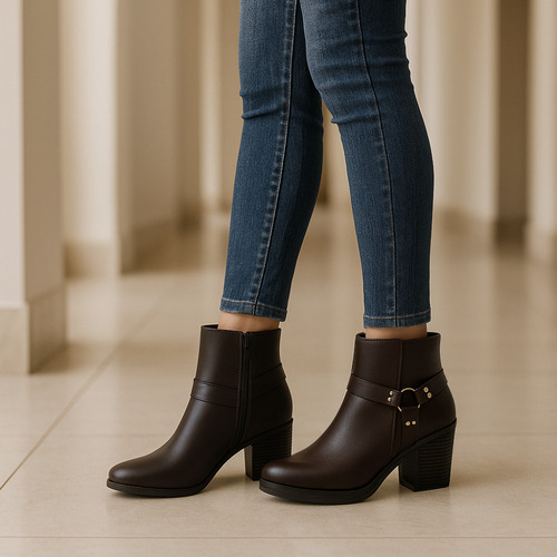 Botines Mujer Café Tacón Grueso Hebilla Elegante Casual