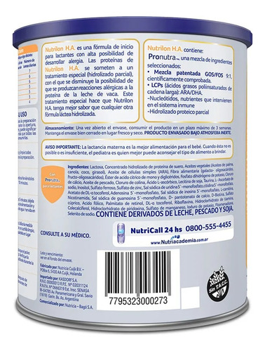 Leche En Polvo Nutrilon H.a Alergias Lata X400g Hasta 2 Años