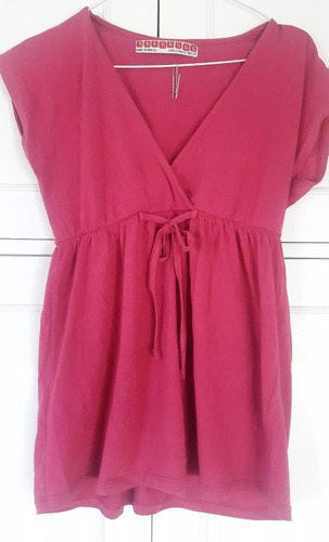 Zara Remera Mujer Blusa Algodón Moño Frunce Fucsia T Large