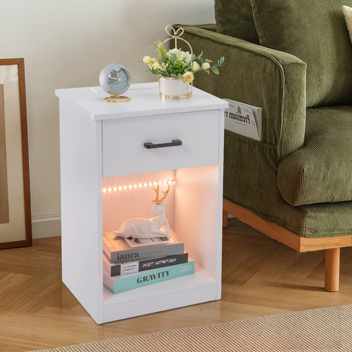 White Nightstand With Led Light Side Table With Drawers