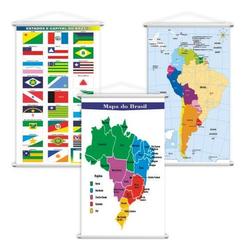 Mapa Brasil + Bandeira + América Do Sul Kit 3 Banners Grande, De J.