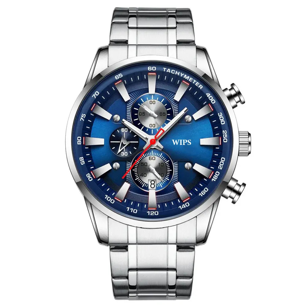 Relógio Masculino Wips W351 Analógico Original Quartzo Com Cronógrafo Funcional Ponteiro Luminoso Data Pulseira Aço Inoxidável Prata E Azul