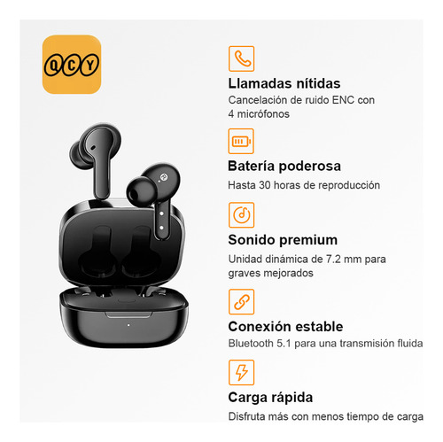 Audífonos In-ear Bluetooth Inalámbrico Qcy T13 Enc Con Manos Negro