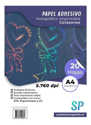 Papel Adhesivo Holográfico Imprimible Corazones A4 X 20 Hj