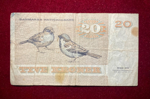 Billete 20 Kroner Dinamarca 1981 Pick 49 C Pajaros (Usado)