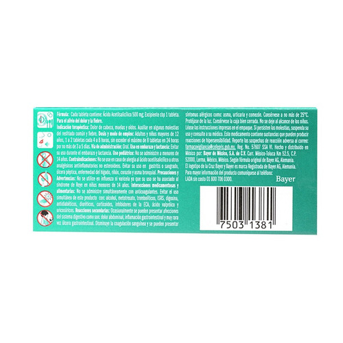 Analgésico Aspirina 500 Mg 10 Tabletas - Dolor Y Fiebre