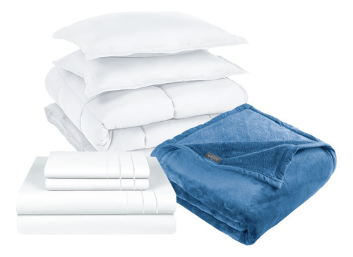 Pack Cobertor Blanco +sabana+ Frazada Azul 1,5 Plaza 3angeli