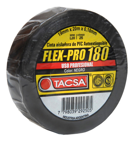 Cinta Aisladora Tacsa Flex-pro 180 X 20mts Negro Pack X10
