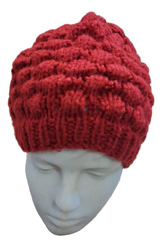 Gorro De Lana Tejido A Mano - Artesanal Bordó Unico Punto Burbuja