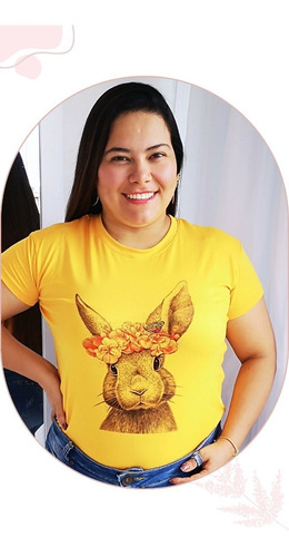 Camiseta Dama Estampado Conejo Con Flores