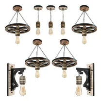 Comprar Kit 4 Luminárias Roda De Carroça 3 Pendentes E 2 Arandelas