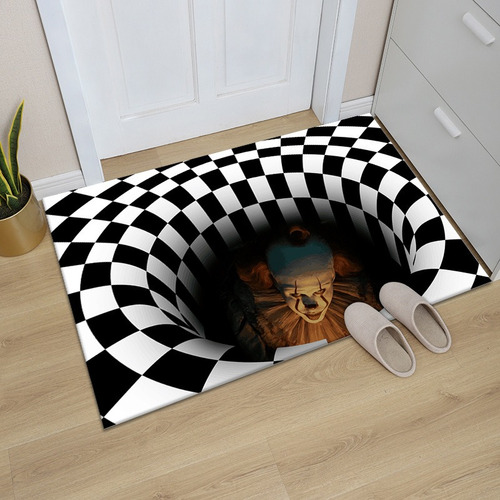 O tapete de sala de estar visual 3D Halloween Clown Trap de 50* 80 cm é preto com design de tecido de poliéster