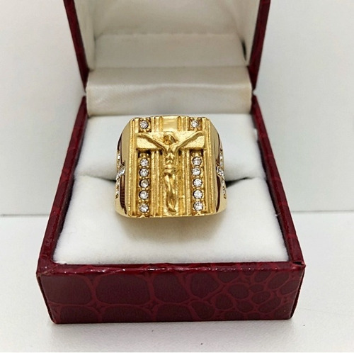 Anel Masculino Cruz Crucifixo Dedeira Banhado A Ouro 18k Aço