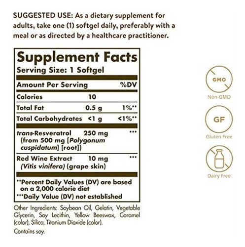 Solgar Resveratrol Com Extrato De Vinho Tinto, 250 Mg, 60 Cá
