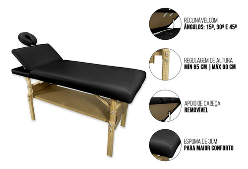 Kit Maca Reclinável Massagem 3 Posições Escada E Carrinho Auxiliar 1p 2b Cor Preto