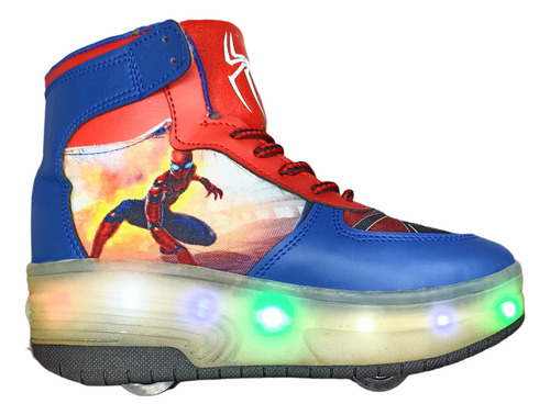 Tenis Patín Spiderman Hombre Araña Luz Led 2 Llantas