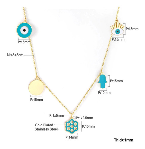Imagen 2 de 3 de Collar Plateado Dije Ojo Turco Flores Mano De Fatima Mujer