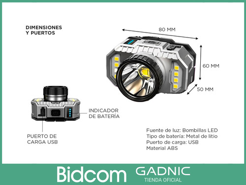 Imagen 7 de 10 de Linterna Minero Led Cabeza Gadnic Vincha Batería Recargable