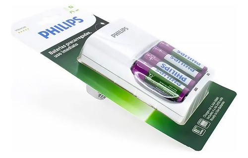 Kit 4 Pilhas Aa 2450 Bivolt Carregador Philips P/ Microfone