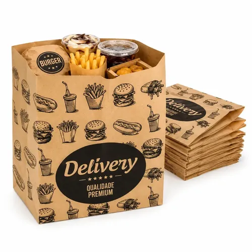 Kit 100 Sacos De Papel Kraft Pardo Impresso G Grande 24x14x29 Delivery Marmitex Lanches Hamburgueria Ifood Restaurante E Padaria Embalagem Resistente Sos Premium Sem Alça Mimosidad