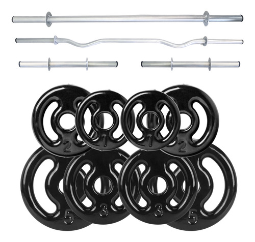 Kit 22kg De Anilhas Emborrachadas Com Barras Ocas Reta E W