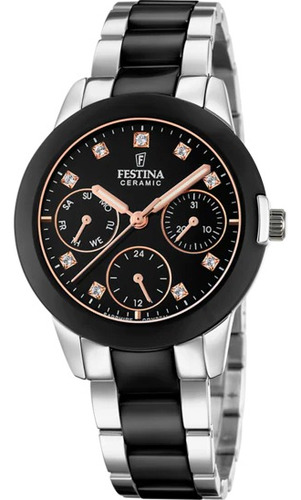 Reloj Festina Mujer Ceramica Negro Rose Piedras 50m F20497.3