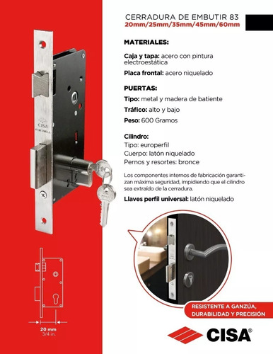 Cerradura De Embutir O Empotrar Cisa 83 Con 3 Llaves 25 Mm