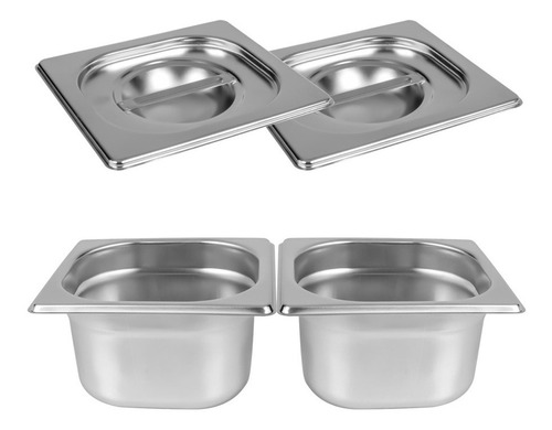 Kit De 2 Cubas Gastronômicas Com Tampa Buffet Inox 1/6 100mm