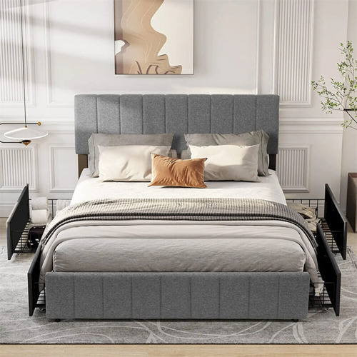 Upholstered Queen Size Platform Metal Bed Frame With 4 S Eem