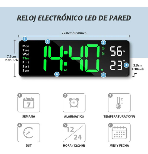 Relógio De Parede Digital Com Termômetro, Alarmes E Calendár