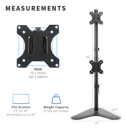 Vivo Soporte De Escritorio Para Dos Monitores Montaje Lcd Independiente, Se Sostiene En Posición Vertical Apilada 2 Pantallas Ultra Anchas De Hasta 34 Pulgadas Stand-v002l