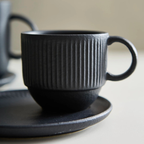 Set X6 Taza Y Plato Te/café Organica Linhas Negro 230ml Mëkk Negro