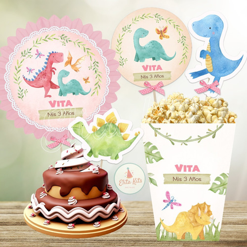 Kit Imprimible Dinosaurios Nenas + Banner, Personalizado